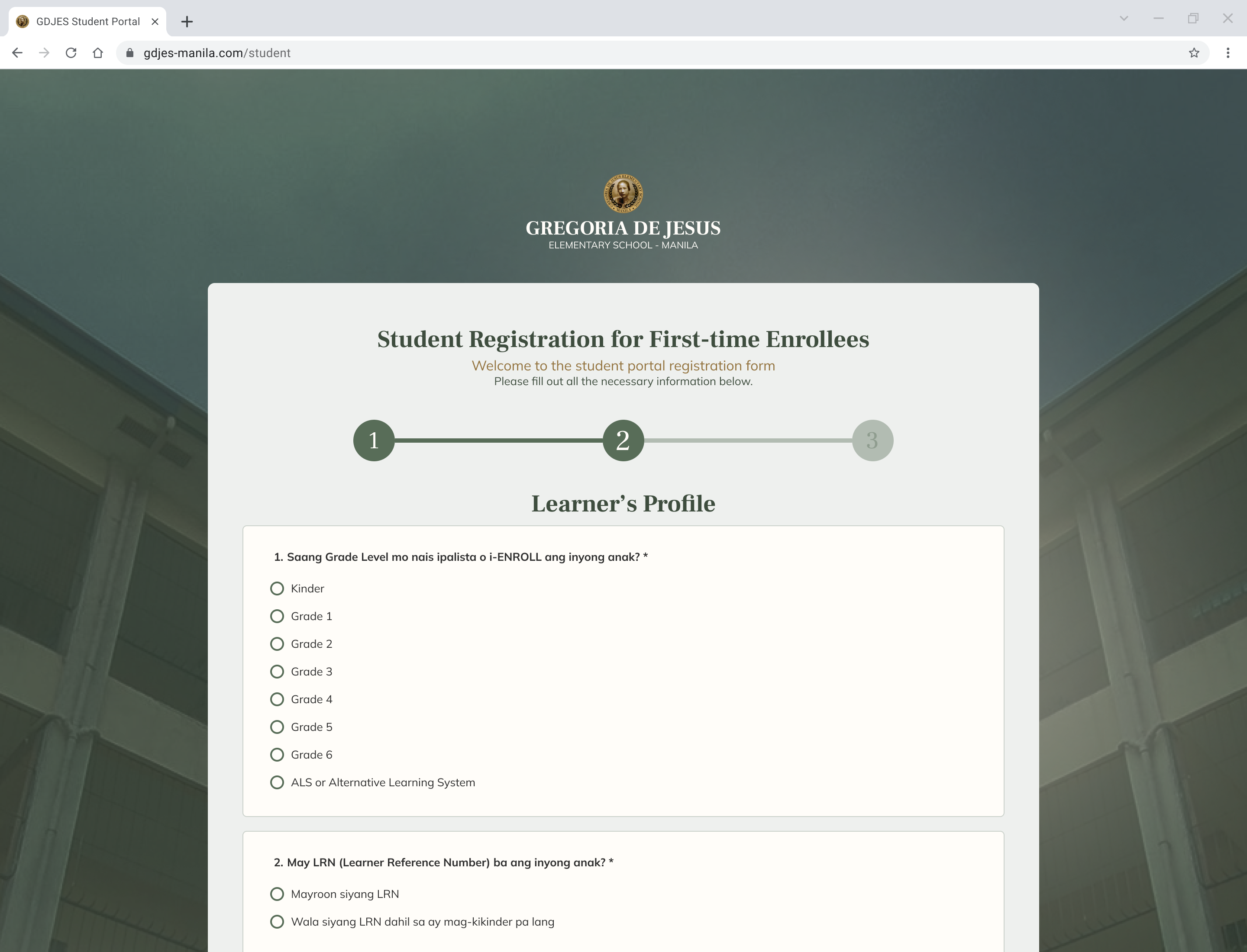 Unfilled learner information form