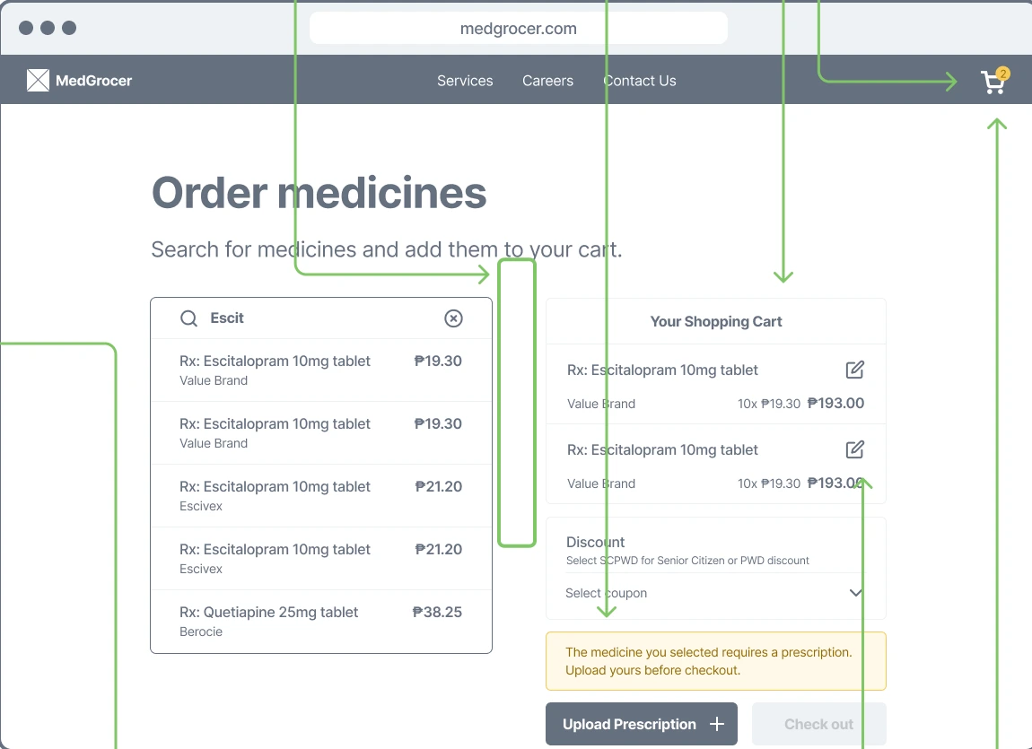 MedGrocer medicine search, shopping cart, and prescription-upload wireframe